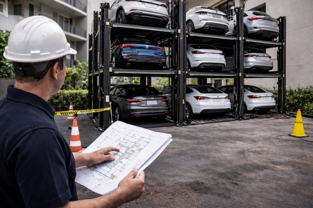 Torres de estacionamiento automatizadas para complejos habitacionales en instalación con varios niveles y autos apilados en estructura