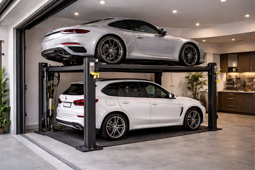 Parking lift doméstico para vivienda particular instalado en garaje residencial moderno con doble plataforma hidráulica