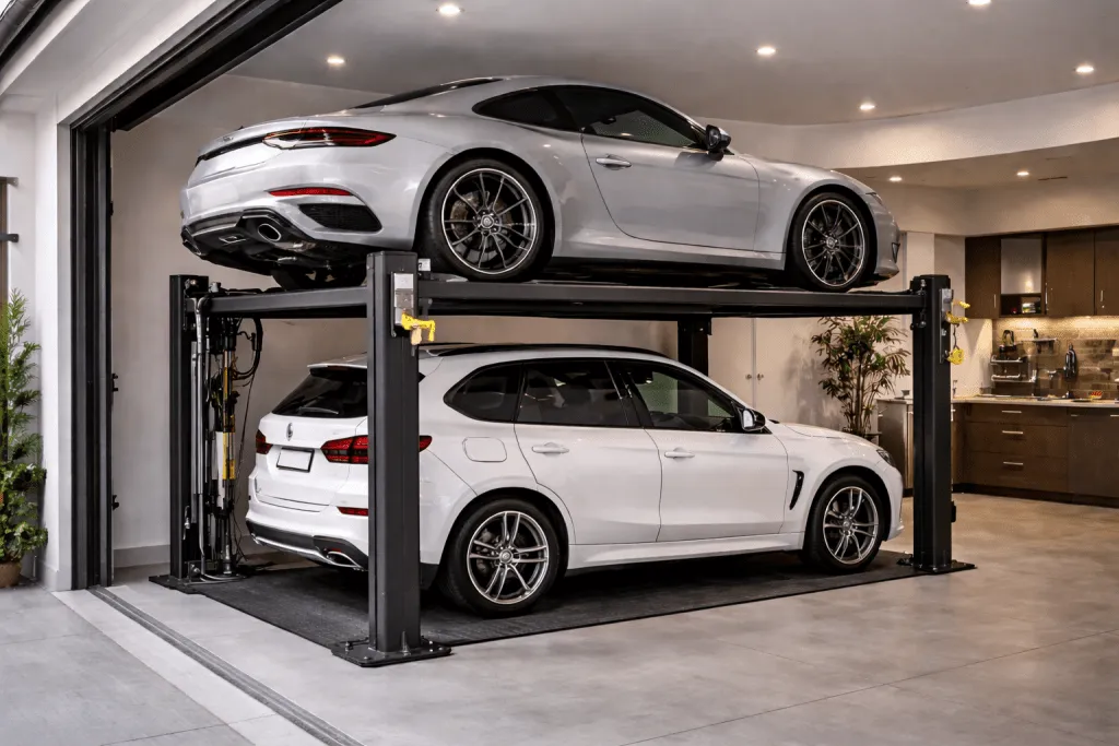 Parking lift doméstico para vivienda particular instalado en garaje residencial moderno con doble plataforma hidráulica