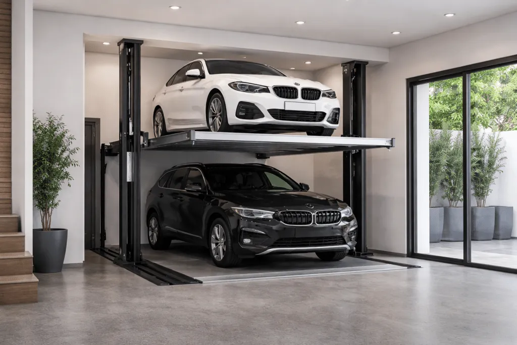 Elevador para autos residencial según espacio de vivienda instalado en garaje moderno de casa unifamiliar