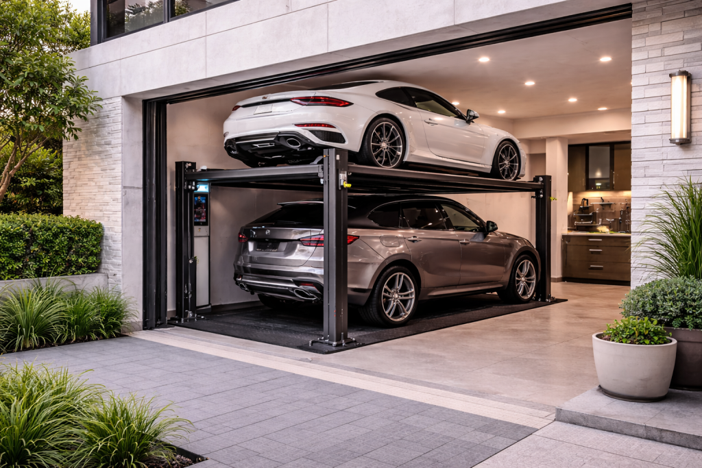 Parking lift integrado en viviendas unifamiliares modernas dentro de garaje arquitectónico con dos autos en plataformas