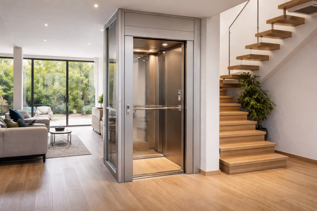 Elevador residencial sin modificaciones estructurales instalado en vivienda moderna de varios niveles