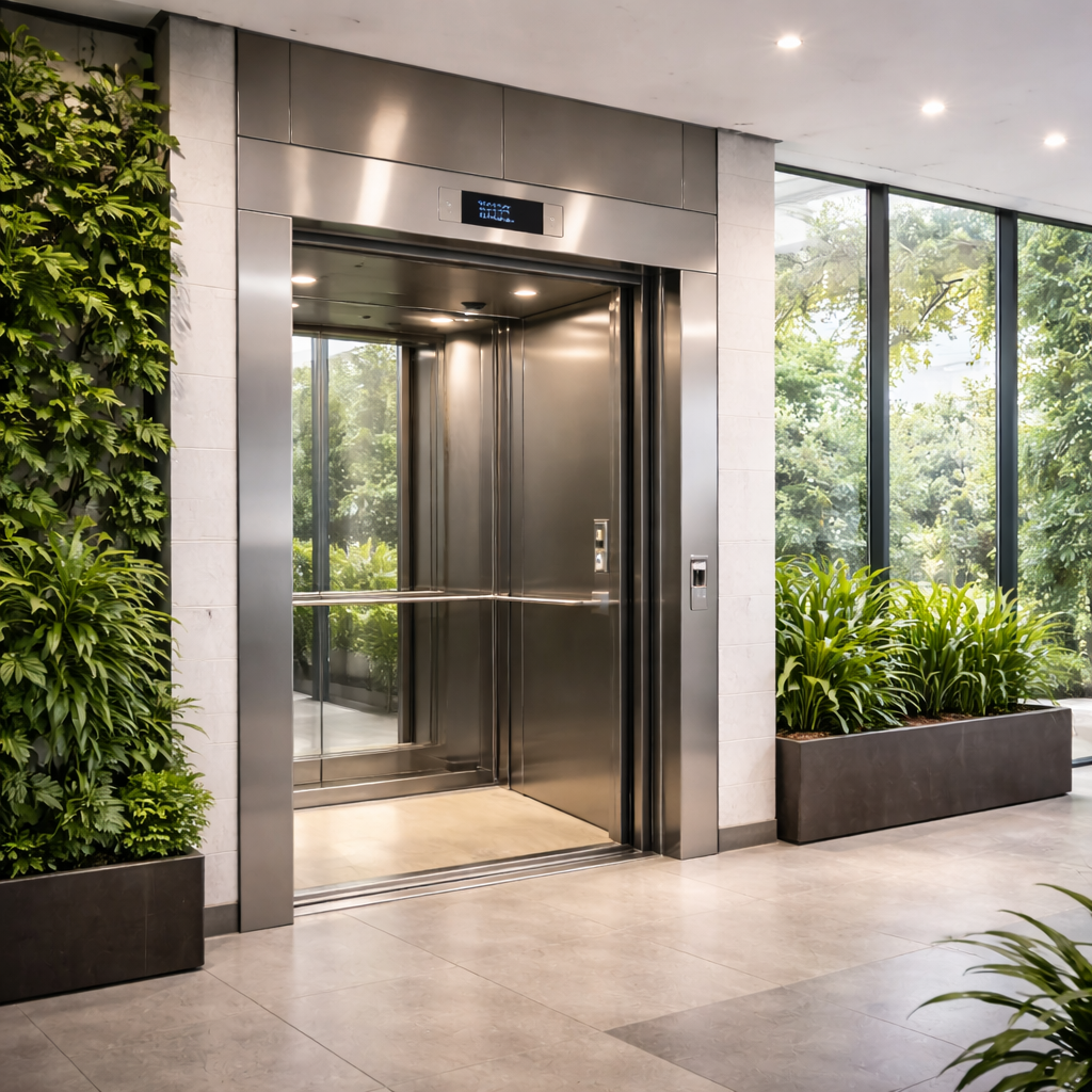 Sistema de elevadores verdes de bajo consumo eléctrico instalado en un edificio moderno con iluminación natural