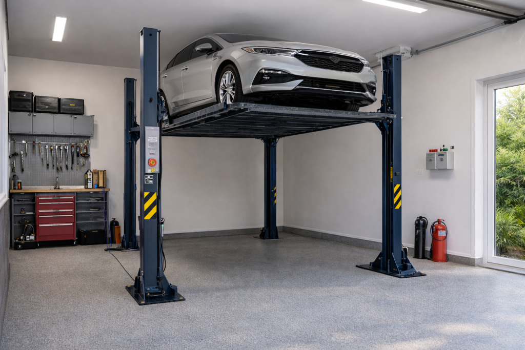 Elevador de autos doméstico instalado en garaje residencial cumpliendo normativa de seguridad para elevadores de autos domésticos