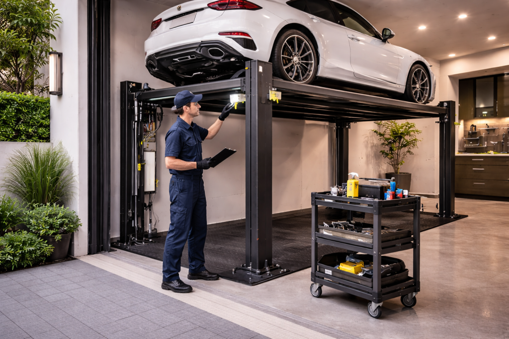 Mantenimiento de parking lift residencial para vivienda realizado por técnico en garaje moderno con plataforma elevando un auto