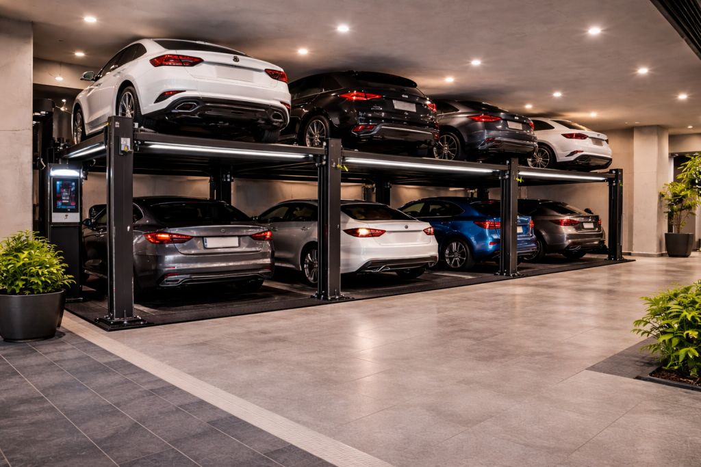 Parking lift moderno para edificios residenciales instalado en estacionamiento subterráneo con plataformas automáticas y varios autos