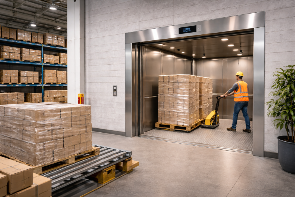 Montacargas industrial transportando pallets en bodega logística según flujo de carga vertical