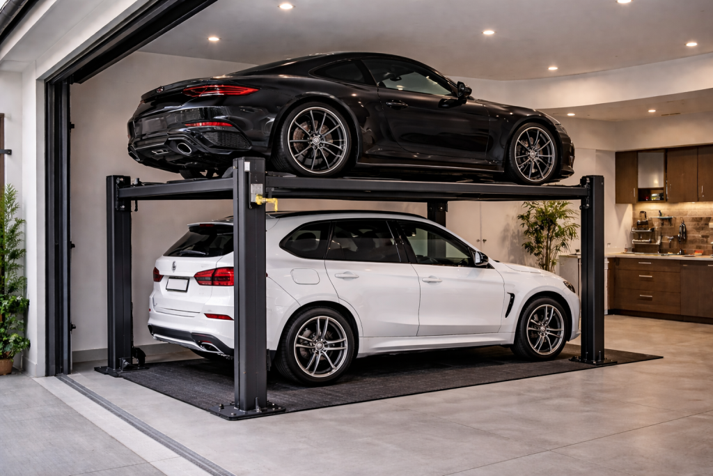 Parking lift residencial para espacios reducidos en vivienda instalado en garaje moderno con doble plataforma hidráulica