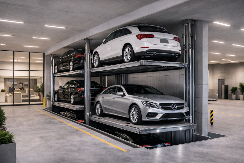 elevadores para autos en proyecto inmobiliario moderno con sistema de estacionamiento vertical en México