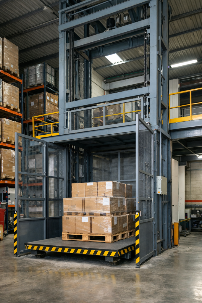 elevador montacargas industrial de carga en almacén vertical en México optimizando logística interna