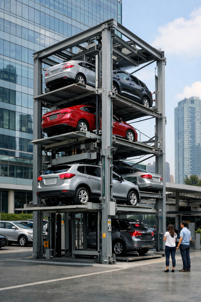 sistema de estacionamiento vertical con elevadores para autos en edificio moderno optimizando espacio en México