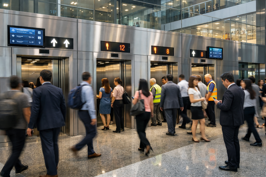 elevadores comerciales en edificio moderno con alto flujo de personas optimizado en México
