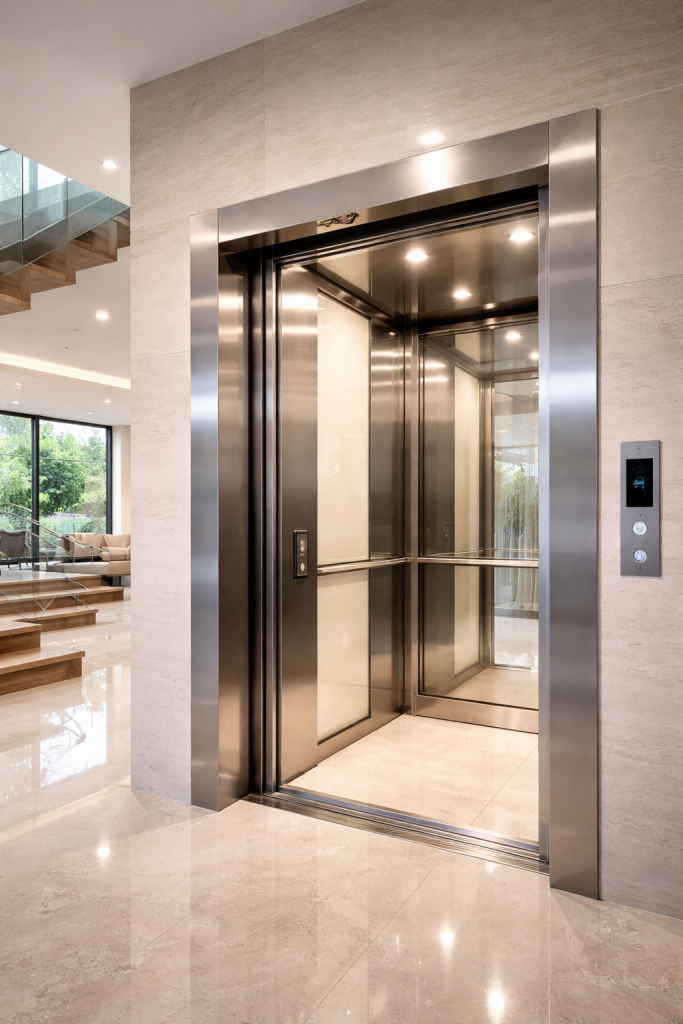 elevador residencial moderno instalado en casa en México con diseño elegante y compacto