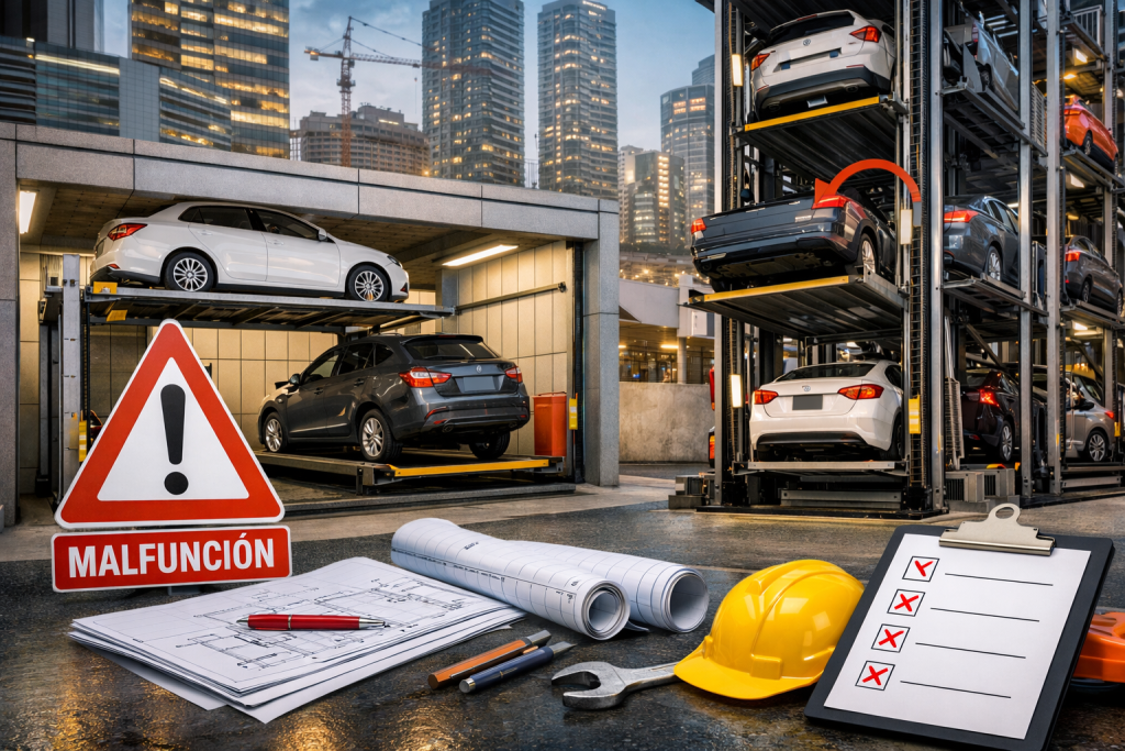 elevadores para autos en proyecto urbano en México con sistema de estacionamiento vertical moderno
