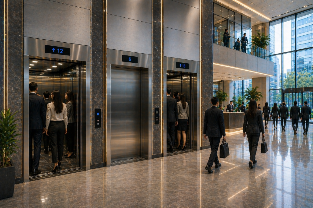 sistemas de elevadores en México en edificio moderno con alto flujo y operación eficiente