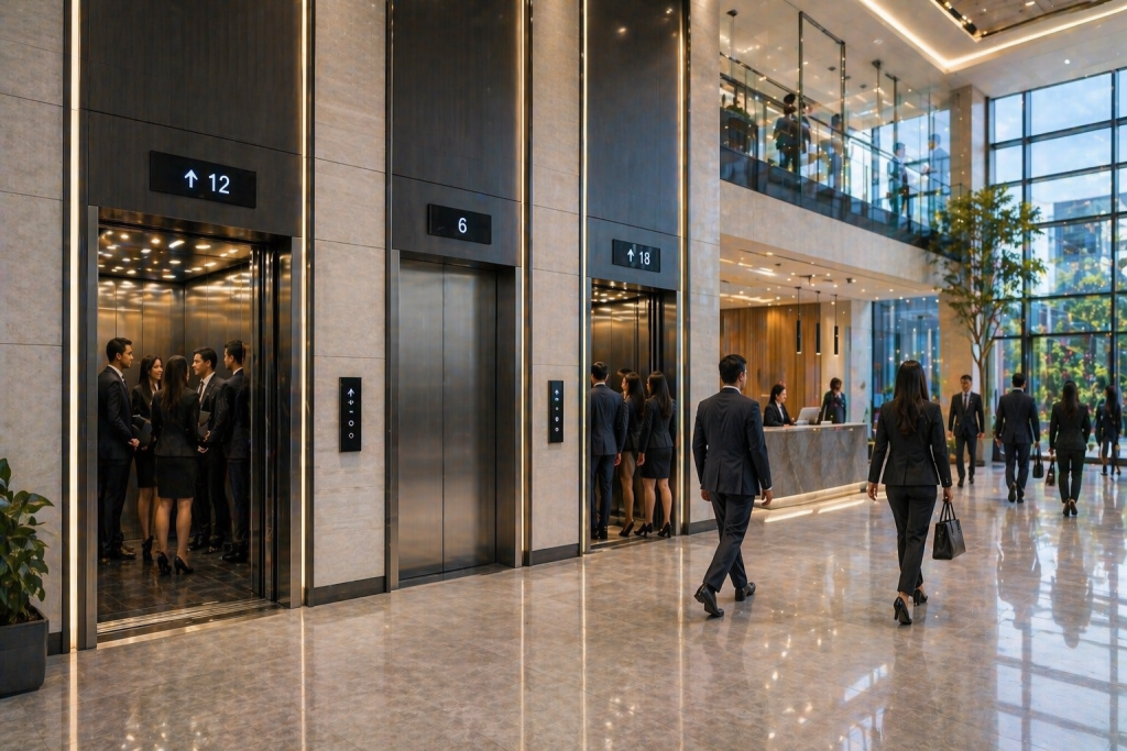 sistemas de elevadores comerciales en México en edificio moderno con alto flujo y tecnología avanzada