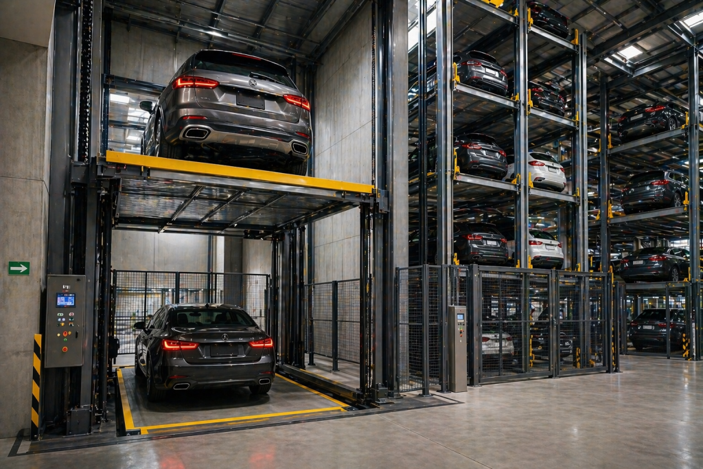 elevadores para autos en México en estacionamiento vertical moderno optimizando espacio