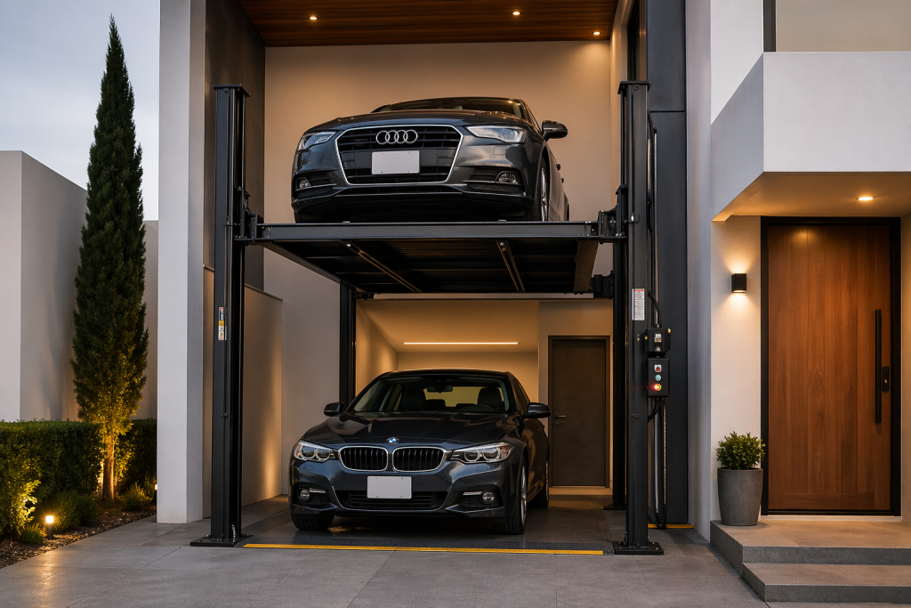 elevador para autos en México con poco espacio instalado en vivienda moderna