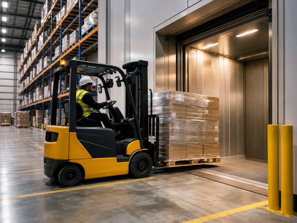 Elevador montacargas para almacenes en México con carga industrial moderna