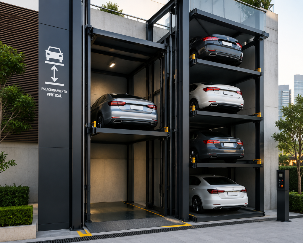 Elevador para estacionamiento vertical en México con autos en plataforma moderna