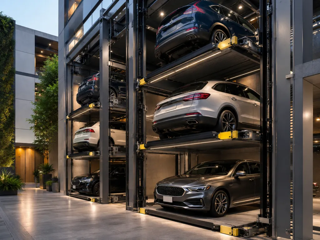 Sistema de estacionamiento vertical en México con autos en plataformas modernas