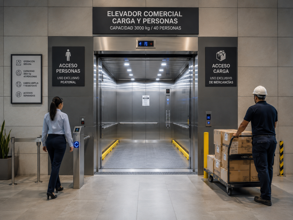 Elevadores comerciales para carga y personas en México con cabina amplia, accesos separados y operación segura.