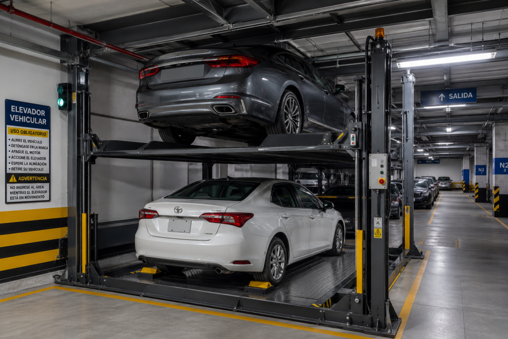 Elevadores comerciales por horas de uso en México operando con varios autos durante una jornada prolongada.