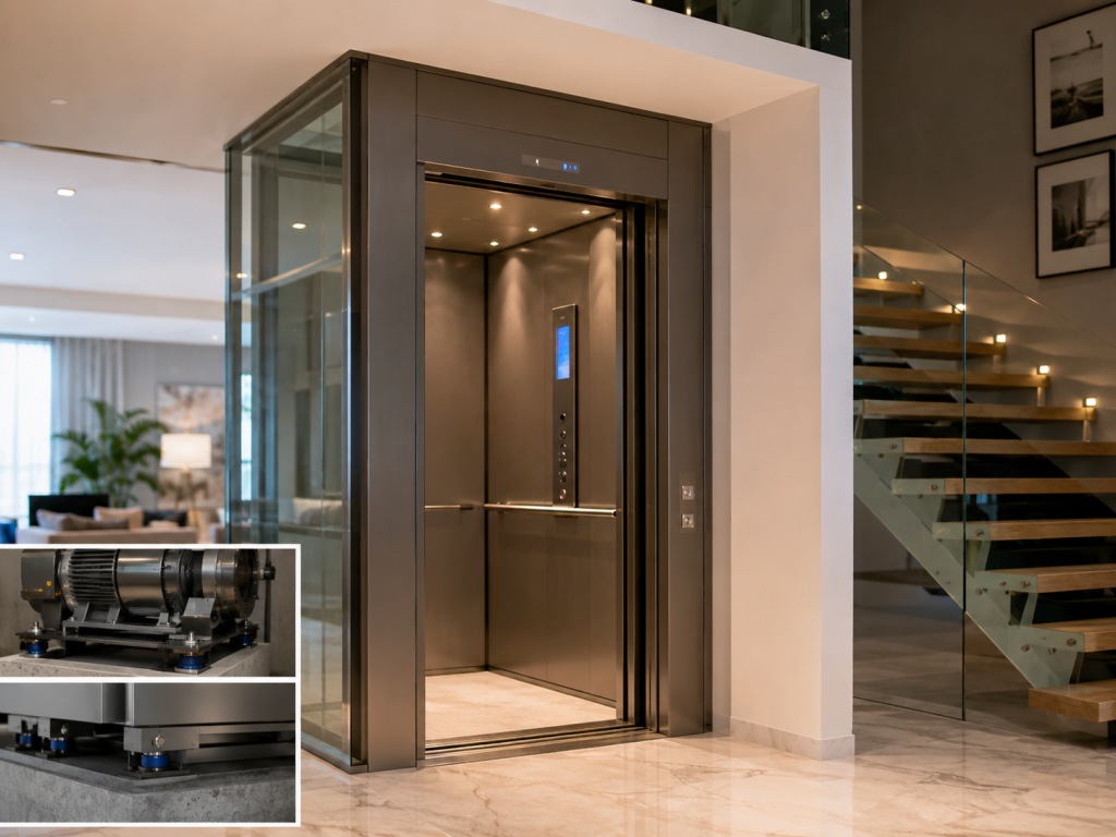 Elevadores residenciales silenciosos en México con motor aislado, puertas ajustadas y estructura antivibración.