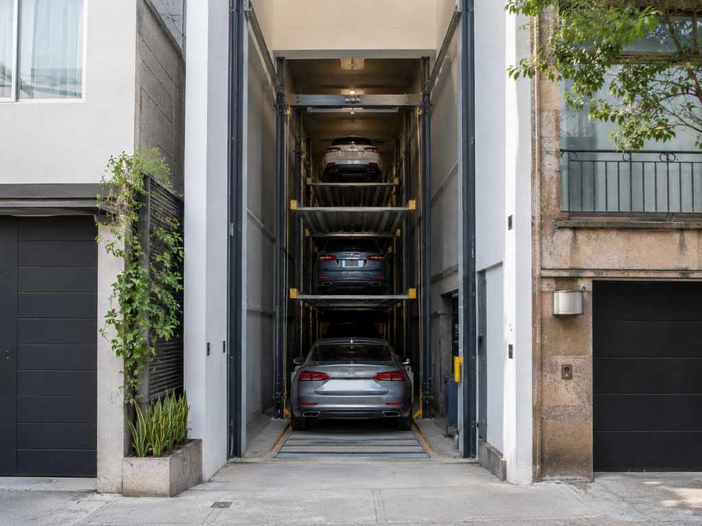 Estacionamiento vertical para frentes angostos con acceso alineado y plataformas distribuidas hacia el fondo.