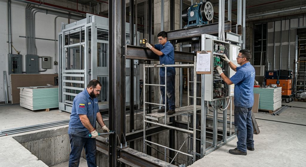 Proceso de instalación de elevadores comerciales en México en un edificio de estacionamientos