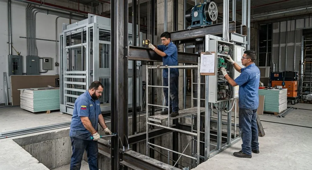 Proceso de instalación de elevadores comerciales en México en un edificio de estacionamientos